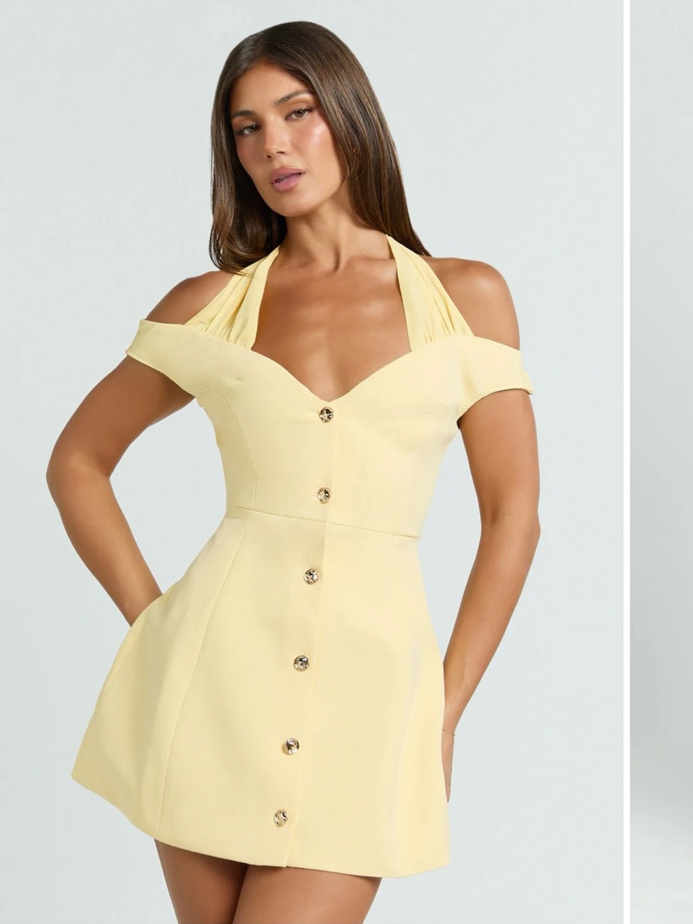 Showpo Light Yellow Off-Shoulder Button Mini Dress
